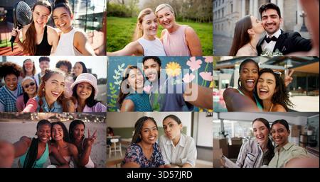 Collage, Selfie und vielfältige Menschen mit Porträt, Verbundenheit oder Spaß in digitalen Erinnerungen. Composite, POV oder Gruppe in Momentaufnahme mit Stockfoto