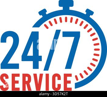 24/7 Servicesymbol und Symbol mit Timer-Grafik auf weißem Hintergrund zur Unterstützung. Stock Vektor