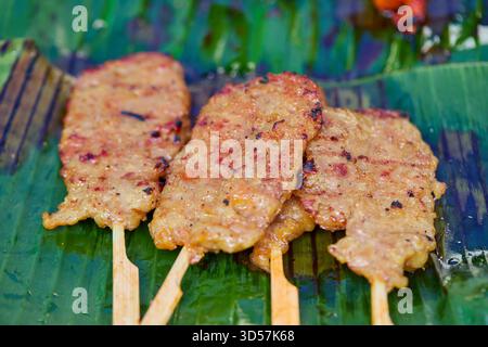 Nahaufnahme von gegrilltem Schweinefleisch beim Street Food Stockfoto
