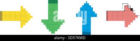 Pfeile im Pixelstil, die in verschiedene Richtungen zeigen. Buntes, Retro- und Blockdesign auf weiß. Stock Vektor
