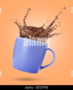 Leckeres Kakaogetränk, das in der Tasse vor blassorangenem Hintergrund spritzt Stockfoto