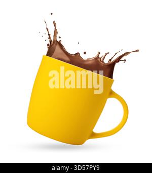 Leckeres Kakaogetränk, das in der Tasse vor weißem Hintergrund spritzt Stockfoto