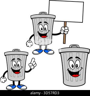 Mülleimer Maskottchen Set 01, handgezeichnete Illustrationen von Mülleimer Maskottchen in verschiedenen Posen. Stock Vektor