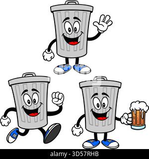 Mülleimer Maskottchen Set 05, handgezeichnete Illustrationen von Mülleimer Maskottchen in verschiedenen Posen. Stock Vektor