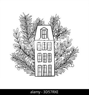 Europäisches Haus und Fichtenzweige, Beerenpflanzenvektor isolierte Illustration im Weihnachtsweihnachtsstil. Traditionelle alte Gebäude Silhouette und Laub Stock Vektor