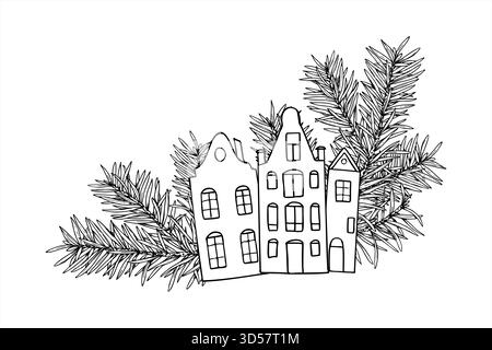 Europäische Häuser und Fichtenzweige Vektor isolierte Illustration im Weihnachtsstil. Silhouetten der Altstadt und Kiefernholz in immergrünem Schwarz und weiß Stock Vektor