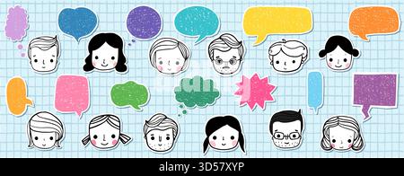 Niedliche handgezeichnete Vektorgesichter und kritzelnde Sprechblasen, lustige Illustrationen und leere Textdialoge für Grafikdesign Stock Vektor