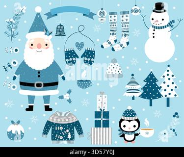 Weihnachtsvektor in Blau und weiß mit Weihnachtsmann, Schneemann, Pinguin und Winterkleidung und -Elementen Stock Vektor