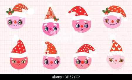 Lustige runde Vektorgesichter mit Weihnachtsmützen und süßen Ausdrücken für Weihnachtsfeierentwürfe, Grußkarten und Aufkleber Stock Vektor