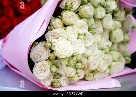 Ein riesiger Strauß weißer Rosen in einer pinkfarbenen Papierverpackung. Blumenstrauß, Postkarte, Hintergrund, leer für Design, Vorlage. Frauentag, Muttertag Stockfoto
