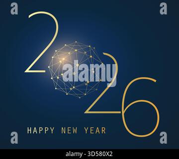Goldener und dunkelblauer moderner Stil einfache minimalistische Happy New Year Grußkarte, kreative Vektor-Design-Vorlage mit polygonalem Globus - 2026 - Web, T Stock Vektor