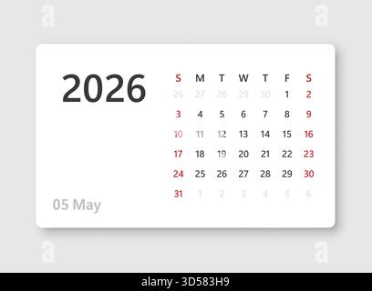 Mai 2026 Kalender in flachem Stil. Planer-Aufkleber-Vektorillustration auf isoliertem Hintergrund. Geschäftskonzept für Kalenderzeichen. Stock Vektor