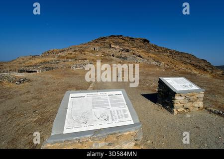 Amorgos, Griechenland - 11. September 2025: Bauplan und Beschreibung der antiken minoischen Festung in griechischer und englischer Sprache über der Stadt Katapola auf Moun Stockfoto