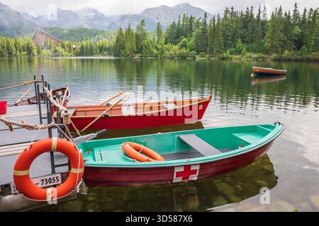 Štrbské pleso, Hohe Tatra SLOWAKEI - 22. Juli 2019: Sanitätsboot auf dem Štrbské pleso See in der Hohen Tatra der Slowakei. Stockfoto