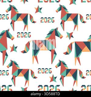 Geometrisches buntes Pferdemuster mit Sternen und Datum 2026 für Neujahrsfeier Hintergrund Vektor Stock Vektor