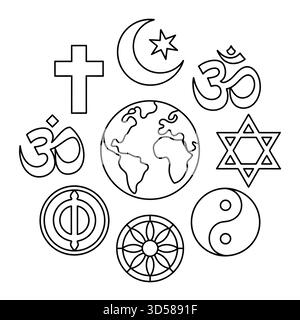 Schwarz-weiße Strichgrafik-Illustration der wichtigsten Symbole der Weltreligion, die rund um den Globus angeordnet sind Stock Vektor