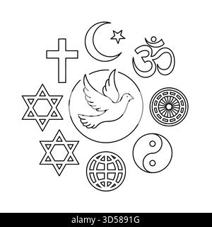 Schwarz-weiße Strichgrafik-Illustration der wichtigsten Symbole der Weltreligion. Stock Vektor
