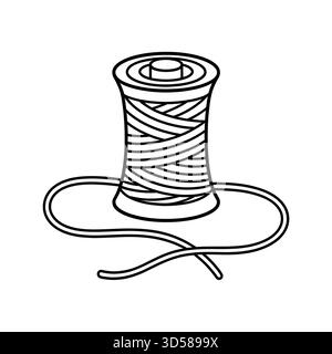 Schwarz-weiße Umrissdarstellung einer Nähgarnspule mit loser Schnur. Stock Vektor