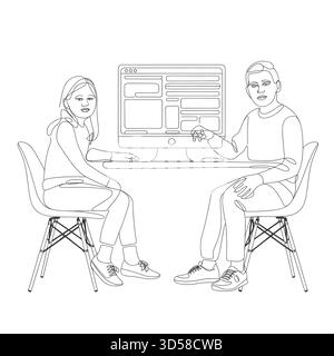 Zwei Leute sitzen an einem Schreibtisch und arbeiten an einem Computer zusammen Stock Vektor