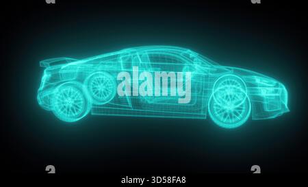 Leuchtendes Auto mit Drahtdarstellung. Computergeneriertes 3D-Rendering Stockfoto