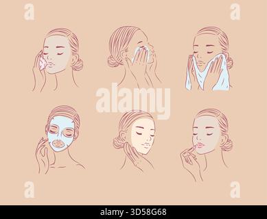 Weibliches Gesicht und Hautpflege Beauty Kollektion Zeichnung in minimalistischem Stil auf pfirsichfarbenem Hintergrund Stock Vektor