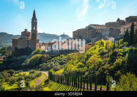 Historische Stadt Castiglion Fiorentino und die Kirche Collegiata di San Giuliano. Schloss Montecchio im Hintergrund. Provinz Arezzo, Toskana, Italien Stockfoto