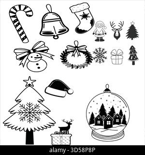 Minimalistisches schwarz-weißes Weihnachtssymbol-Set mit Weihnachtsmann, Rentier, Baum, Geschenkbox und Schneeflocke im klaren, modernen Linienstil für unser Weihnachtsdesign Stock Vektor