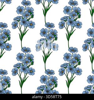 Ein zartes, nahtloses Vektor-Muster mit Haufen hellblauer Flachsblüten mit gelben Mittelpunkten und schlanken grünen Stielen, die sich gegen einen sauberen Witz setzen Stock Vektor