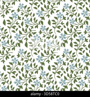 Zarte blaue Blumenreben mit grünen Blättern auf weißem Hintergrund, nahtloses Vektormuster für Textil und Design. Stock Vektor