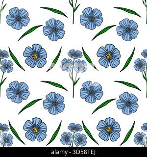 Nahtloses Vektormuster von zarten blauen Flachsblüten mit grünen Blättern, die auf einem weißen Hintergrund verstreut sind. Stock Vektor