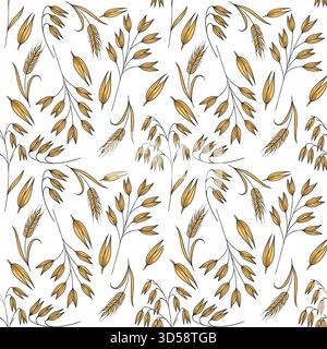 Nahtloses Vektormuster von handgezeichneten goldenen Haferstielen und Körnern mit zarten schwarzen Umrissen auf weißem Hintergrund. Stock Vektor