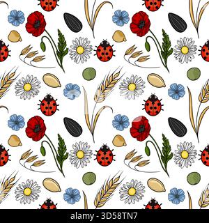 Charmantes nahtloses Vektor-Muster von Marienkäfern, Mohn, Gänseblüten, Flachsblumen, Weizenohren, Sonnenblumenkerne und Erbsen, die einen lebendigen, natürlichen Sommer beschwören Stock Vektor