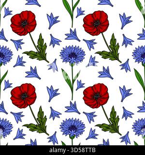 Nahtloses Vektormuster mit leuchtenden roten Mohnblumen und zarten blauen Kornblumen mit grünen Blättern, vor einem sauberen weißen Hintergrund. Stock Vektor