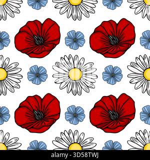 Nahtloses Vektormuster von leuchtenden roten Mohnblumen und zarten blauen Flachsblumen, durchsetzt mit klassischen weißen Gänseblümchen vor einem sauberen weißen Hintergrund Stock Vektor