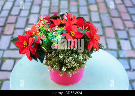 Ein lebhafter Blumenstrauß aus roten Weihnachtsbäumen und grünem Laub in einem rosafarbenen Topf auf einem runden Tisch. Stockfoto