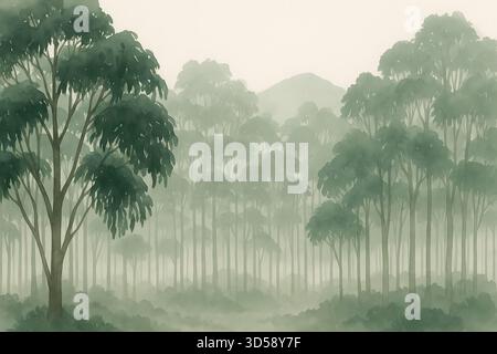 Aquarell Wald Landschaft Hintergrund – Nebellandschaft Szene mit Bäumen und sanften Tönen Stockfoto