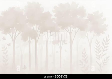 Aquarell Wald Landschaft Hintergrund – Nebellandschaft Szene mit Bäumen und sanften Tönen Stockfoto