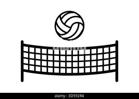 Eine einfache schwarz-weiße Linienzeichnung eines Volleyballnetzes mit einem Volleyball darüber. Minimalistische Sportgrafik. Stock Vektor