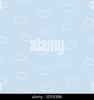 Lineart Wolke nahtlose Vektormuster Cartoon kontinuierliche Linie weiche blaue Hintergrund Stoff Druck. Vektorabbildung Stock Vektor