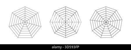 Polygondiagramme. Vorlage für Radar, Spider-Diagramm. Spider Black Mesh. Diagramme für Statistik, Analyse. Leere Symbole für Radardiagramme. Beispiele für Coaching-Tools Stock Vektor