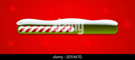 Weihnachtliche Ladebar, festliches Countdown-Element mit Zuckerrohrstreifen und Schnee auf rotem Hintergrund. Urlaubsvektor realistisch Stock Vektor