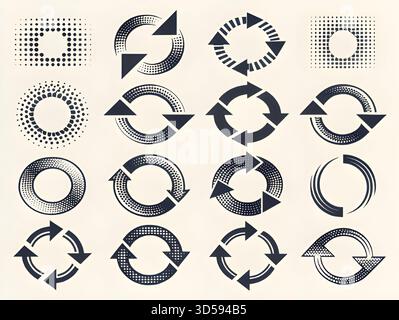 Vektorsatz für kreisförmige Halbtonpfeile: Symbole für Rotation, Aktualisieren und Zyklus Stock Vektor