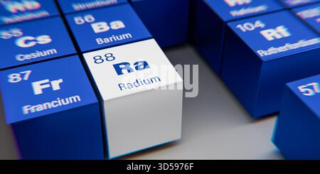 Detailansicht des chemischen Elements Ra Radium mit der Atomzahl 88 innerhalb des Periodensystems der Elemente. Dynamischer Dispergierungseffekt an der Ecke Stockfoto