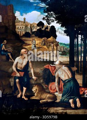 Szenen aus dem Leben des heiligen Hieronymus; der hl. Franziskus in Ekstase und Pater Leo 1500-1505 spanischer Maler aus dem 16. Jahrhundert, Italien, Italienisch. Stockfoto