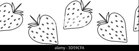 Erdbeeren am Valentinstag nahtloser Rand horizontal. Vektorgrafik-Linie in Schwarzweiß-Illustration. Für Poster, Einladung, Hintergrund, Anzeige, Verkauf Stock Vektor