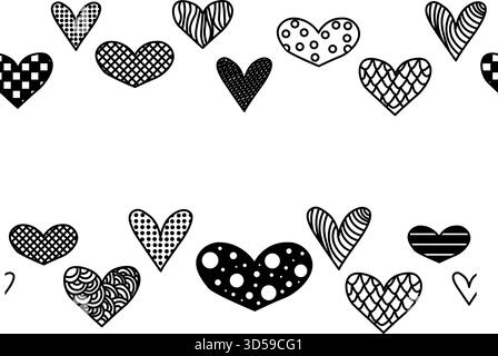 Set mit nahtlosem Rand in Herzform. Dekor mit großem Herzrand. Nahtloser, horizontaler Rand zum Valentinstag. Vektorgrafik schwarz-weiß illustr Stock Vektor