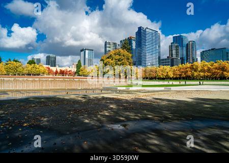 Blick auf den Bellevue City Park im Bundesstaat Washington mit Wolkenkratzern in der Ferne. Stockfoto