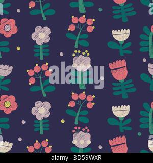 Nahtloses Muster Mit Buntstiften Und Blumenmuster. Handgezeichnetes Ornament mit Blumen und Beeren auf dunklem Hintergrund. Strukturierte Vorlage primitive Zeichnung Doodle. Vektoril Stock Vektor