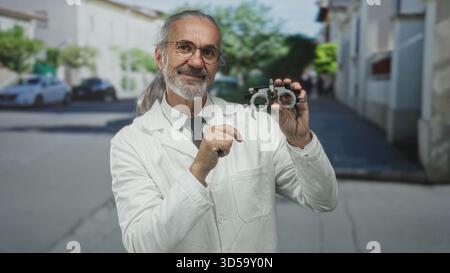 Mann mit grauem langem Haar und runder Brille, der einen weißen Labormantel trägt, einen Phoropter in der rechten Hand hält und mit der linken auf eine Stadtstraße zeigt. Stockfoto