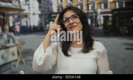 hispanische Frau mittleren Alters mit Brille und weißer Bluse zeigt mit dem Finger auf den Tempel auf der belebten Straße der Stadt; nachdenkliche Besinnung. Stockfoto